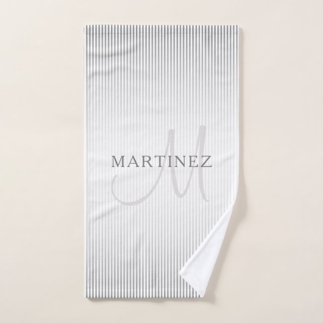 Eleganter Name Monogram & Thin Gray Ombre Streifen Badhandtuch Set (Handtuch)