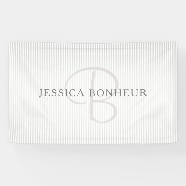 Eleganter Name Monogram & Thin Gray Ombre Streifen Banner (Horizontal)