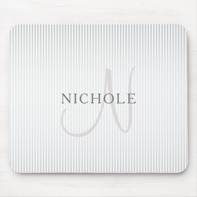 Eleganter Name Monogram & Thin Gray Ombre Streifen Mousepad (Vorne)
