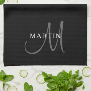 Eleganter Name Monogramm   Schwarz Weiß & Grau Geschirrtuch