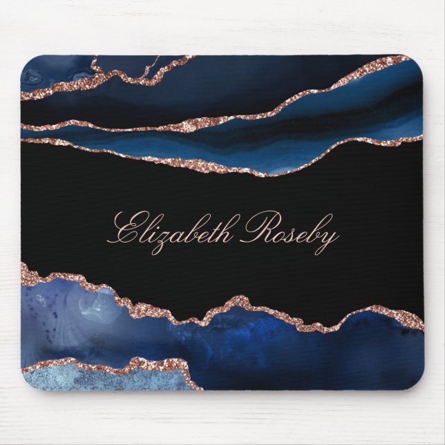 Eleganter Name Navy Blue Rose Gold Agate Black Mousepad (Vorne)