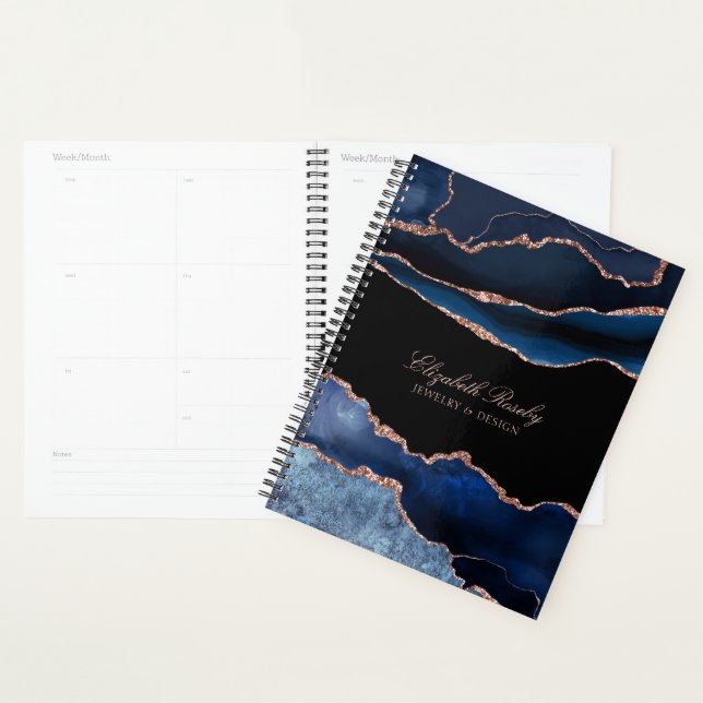 Eleganter Name Navy Blue Rose Gold Geode Business Planer (Anzeige)