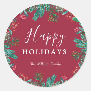 Eleganter Name Red Happy Holidays Wreath Runder Aufkleber