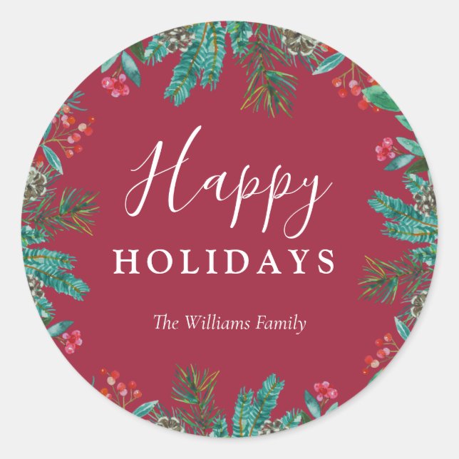 Eleganter Name Red Happy Holidays Wreath Runder Aufkleber (Vorderseite)
