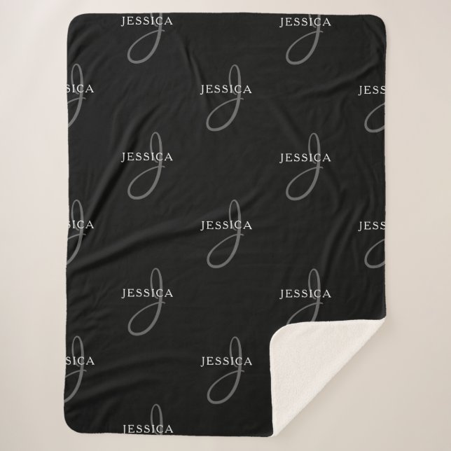 Eleganter Name und Monogramm | Schwarz, Weiß und G Sherpadecke (Vorderseite)