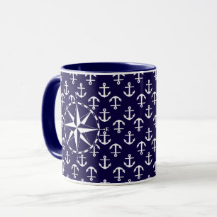 Eleganter Nautical Compass und Anchor Muster blau Tasse