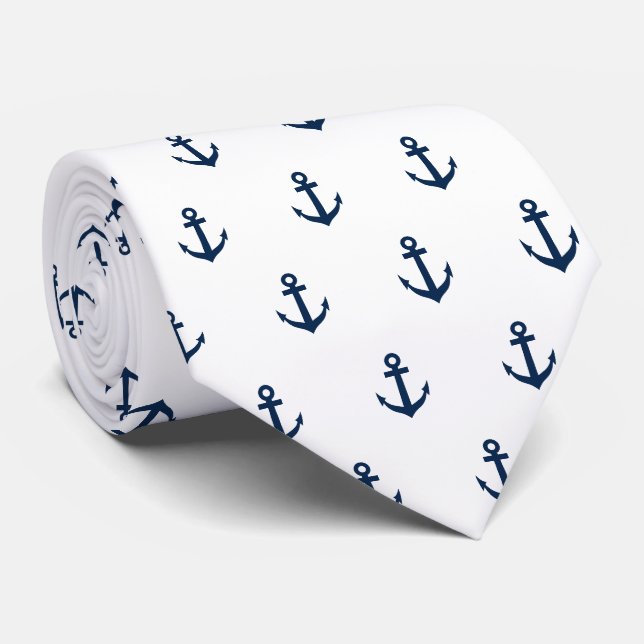 Eleganter nautischer Ankerdruck in Blau und Weiß Krawatte (Gerollt)