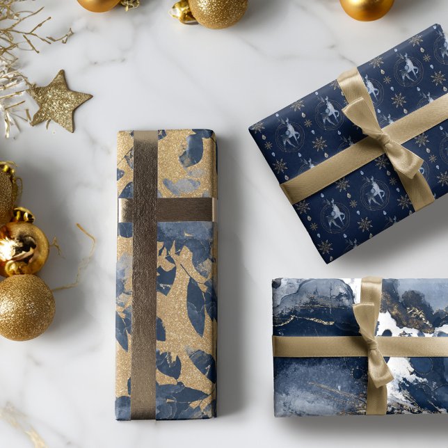 Eleganter Navy Aquarellfarben Tinte & Golden Jewel Geschenkpapier Set (Elegant Navy Watercolor Ink & Golden Jewel Wrapping Paper Sheets)