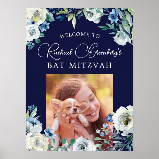 Eleganter Navy Blaufenstück Mitzvah Willkommen Poster (Vorne)