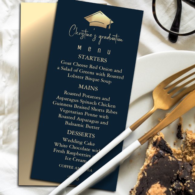 Eleganter Navy Blue and Gold Abschluss Menükarte (Elegant Navy Blue and Gold Graduation Menu #graduationmenu #dinner #graduate)
