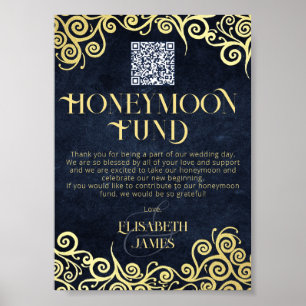 Eleganter Navy Blue and Gold QR Code Honeymoon Fun Poster