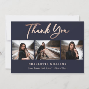 Eleganter Navy Blue and Rose Gold Foto Abschluss Dankeskarte