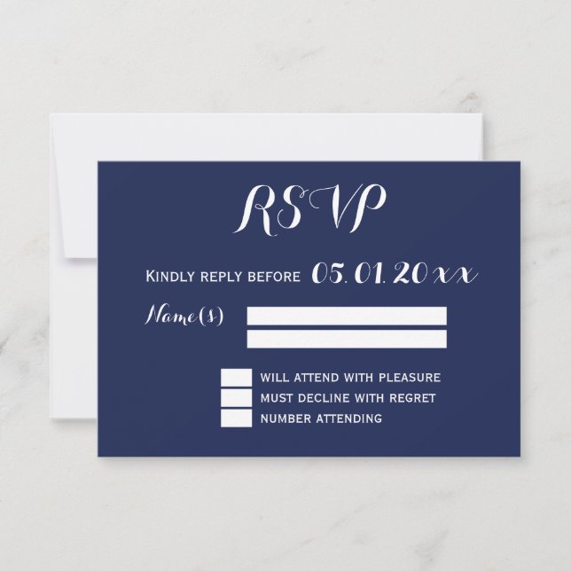 Eleganter Navy Blue and White Wedding RSVP (Vorderseite)