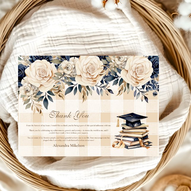 Eleganter Navy Blue Floral Abschluss Dankeskarte (Von Creator hochgeladen)