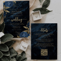 Eleganter Navy Blue Gold Floral QR Code Hochzeit