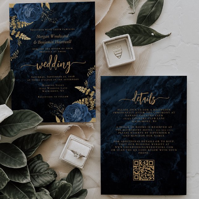 Eleganter Navy Blue Gold Floral QR Code Hochzeit Einladung (Von Creator hochgeladen)