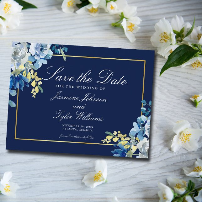 Eleganter Navy Blue Gold Floral Winter Save the Da Postkarte (Von Creator hochgeladen)
