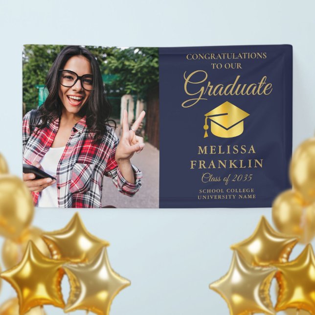 Eleganter Navy Blue Gold Foto Abschluss Banner (Elegant Navy Blue Gold Photo Graduation Banner)