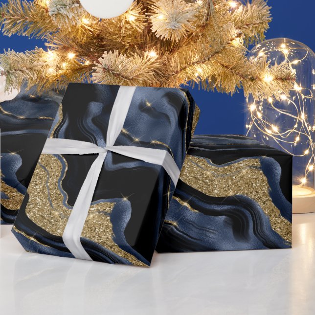 Eleganter Navy Blue & Gold Glitzer Agate Birthday Geschenkpapier (Feiertage)