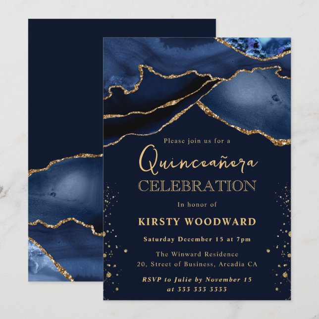 Eleganter Navy Blue & Gold Glitzer Agate Quinceane Einladung (Vorne/Hinten)