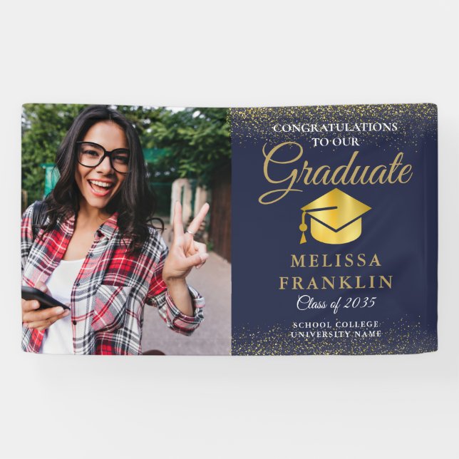 Eleganter Navy Blue Gold Glitzer Foto Abschluss Banner (Horizontal)