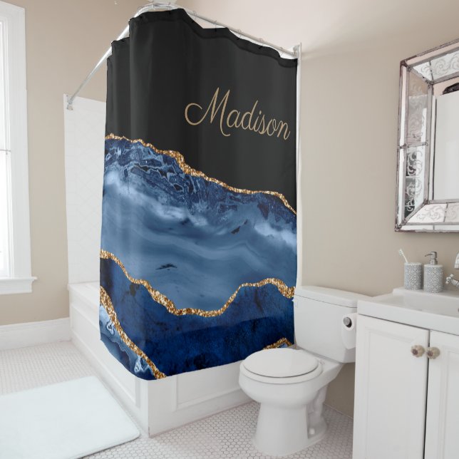Eleganter Navy Blue Gold Glitzer Marmorsäulenschus Duschvorhang (Beispiel)