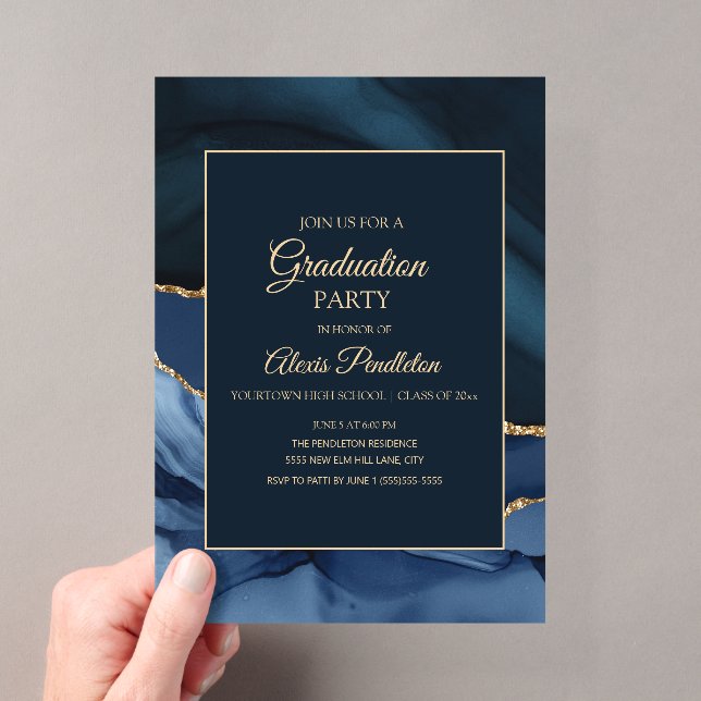Eleganter Navy Blue Gold Marble Agate Abschluss Acryleinladungen (Insitu (Handheld))