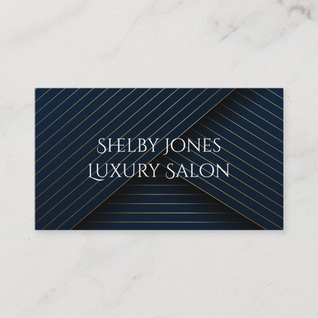 Eleganter Navy Blue Gold Striped Luxury Salon Mode Visitenkarte (Vorderseite)