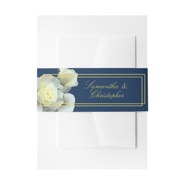 Eleganter Navy Blue Gold White Rose Doppelrahmen Einladungsbanderole (Vorderseite Beispiel)