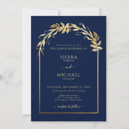 Eleganter Navy Blue Golden Foliage Wedding Arch Einladung