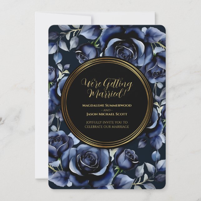Eleganter Navy Blue Rose Blumen- und Goldschwarzra Einladung (Vorderseite)