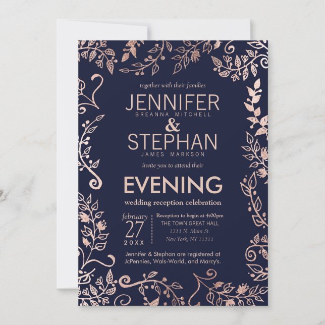 Eleganter Navy Blue Rose Gold Floral Empfang Einladung (Vorderseite)