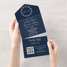 Eleganter Navy Blue Script Moderner UAWG QR Code A All In One Einladung
