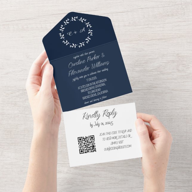 Eleganter Navy Blue Script Moderner UAWG QR Code All In One Einladung (Abreißen)