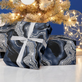 Eleganter Navy Blue & Silver Glitzer Agate Birthda Geschenkpapier