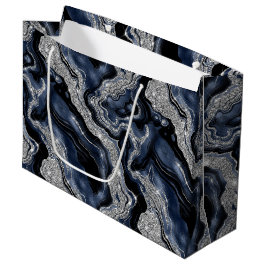 Eleganter Navy Blue & Silver Glitzer Agate Birthda Große Geschenktüte