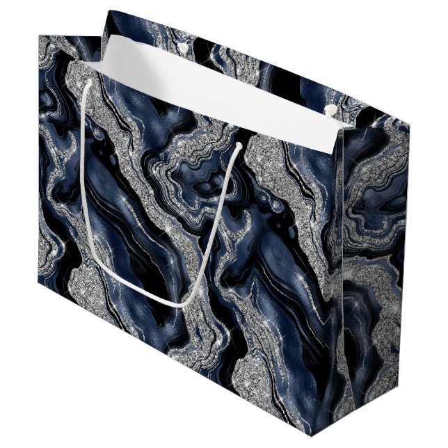 Eleganter Navy Blue & Silver Glitzer Agate Birthda Große Geschenktüte (Vorderseite Schrägansicht)