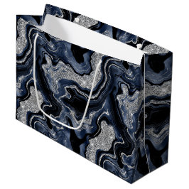 Eleganter Navy Blue & Silver Glitzer Agate Birthda Große Geschenktüte