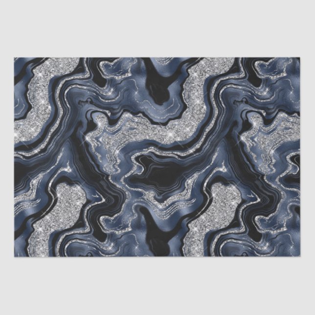 Eleganter Navy Blue & Silver Glitzer Agate Birthda Seidenpapier (Vorderseite)