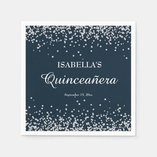 Eleganter Navy Blue Silver Glitzer Quinceanera Serviette (Vorderseite)