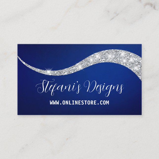 Eleganter Navy Blue Silver Imitate Glitzer Online  Visitenkarte (Vorderseite)