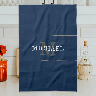 Eleganter Navy Blue Silver Monogram Individuelle N Geschirrtuch