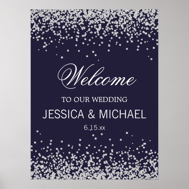 Eleganter Navy Blue Sparkling Silver Glitzer Hochz Poster (Vorne)