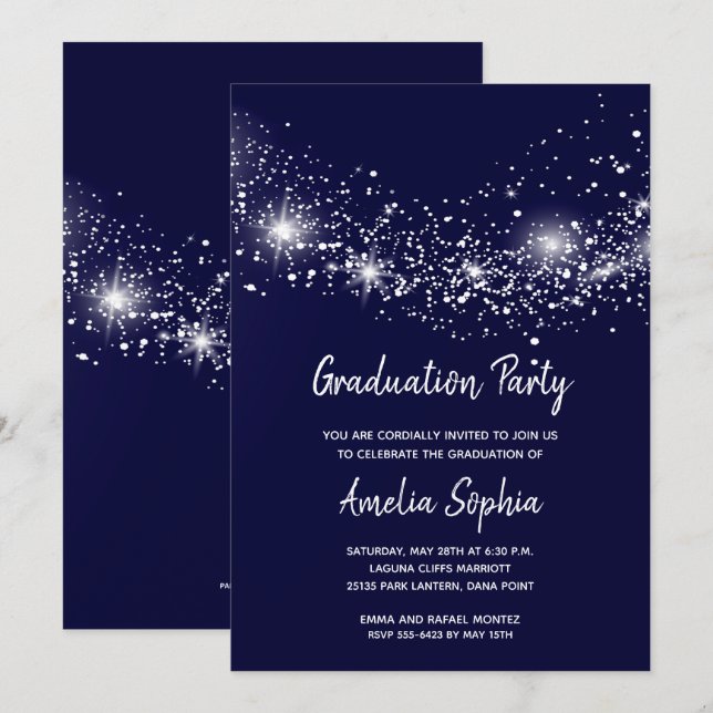 Eleganter Navy Blue Stars Abschluss Einladung (Vorne/Hinten)