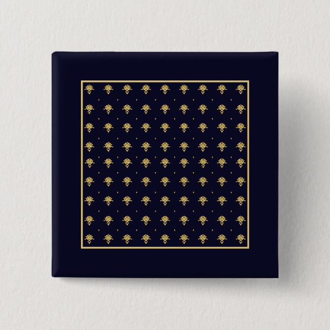 Eleganter Navy Blue und Gold Damask Button (Vorderseite)