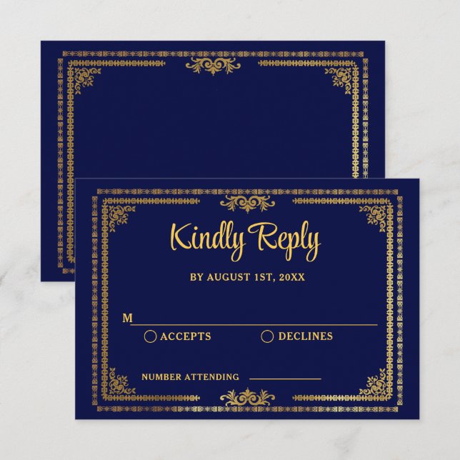 Eleganter Navy Blue und Gold Deko Wedding RSVP (Vorne/Hinten)