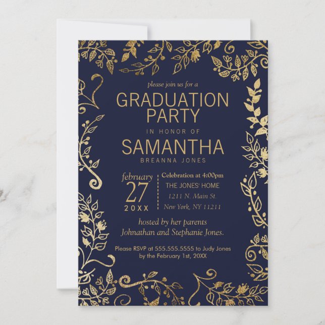 Eleganter Navy Blue und Gold Floral Abschluss Einladung (Vorderseite)