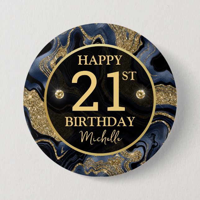 Eleganter Navy Blue und Gold Glitzer Agate Birthda Button (Vorderseite)