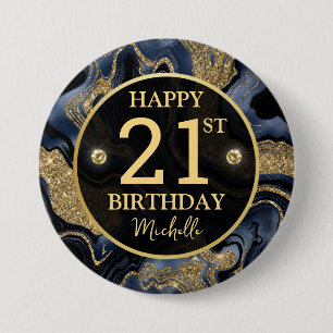 Eleganter Navy Blue und Gold Glitzer Agate Birthda Button
