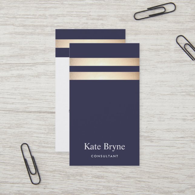 Eleganter Navy Blue und Imitate Gold Foil Streifen Visitenkarte (Vorderseite/Rückseite Beispiel)